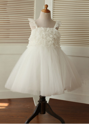 Ivory Lace Flounce Bodice Tulle Cross Back Flower Girl Dress